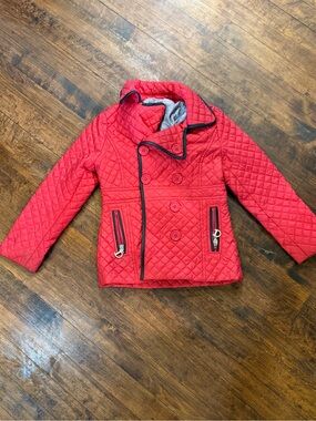 Kids Vintage Dollhouse Red Quilted Double-Breasted Puffer Jacket with Black Trim